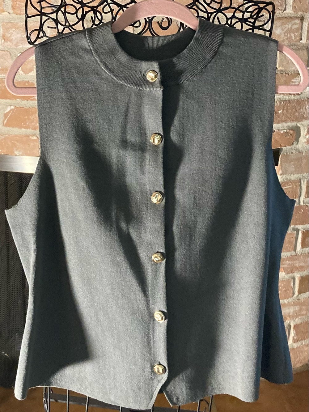 Scoop Sleeveless Button-Front Knit Top in Army Green with Gold Buttons